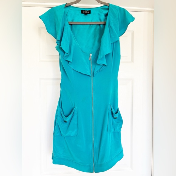 Used bebe Silk Teal Sleeveless Dress with Ruffle Detail in Size Small - Picture 4 of 13